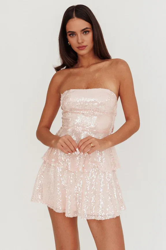 Shiny Strapless Sleeveless Tiered Sequin Pink Mini Homecoming Dress