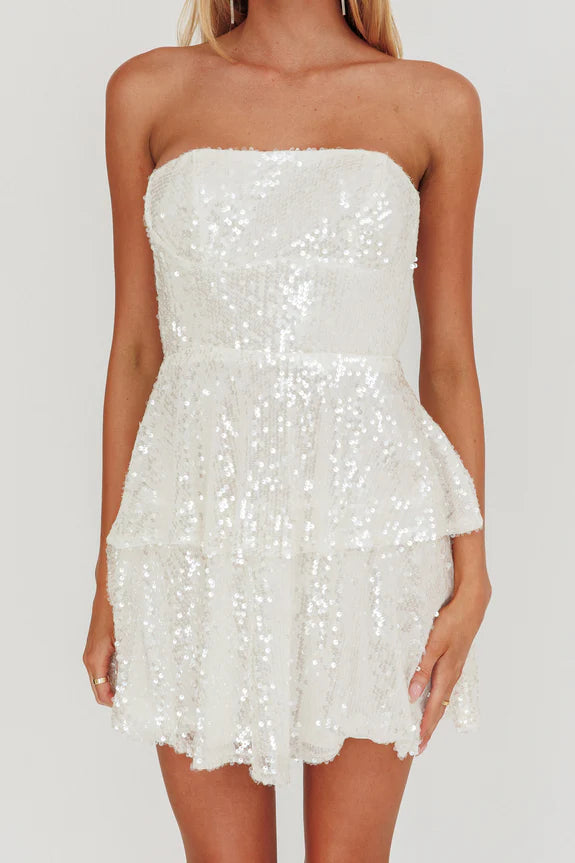Shiny Strapless Sleeveless Tiered Sequin White Mini Homecoming Dress