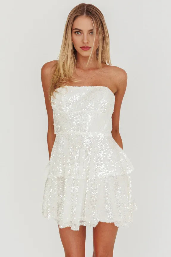 Shiny Strapless Sleeveless Tiered Sequin White Mini Homecoming Dress