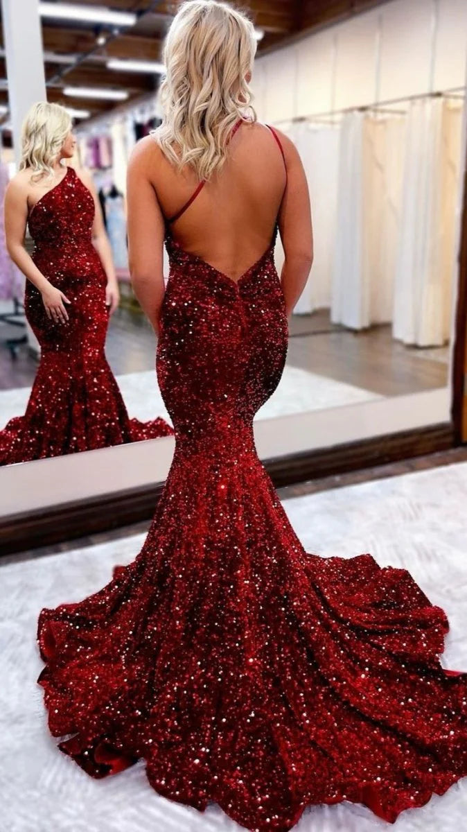 Shiny Trumpet One Shoulder Backless Sequins Burgundy Floor Length Evening Dress