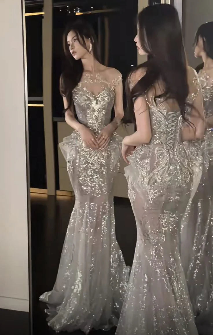 Shiny Tulle Floral Lace Sequin Off Shoulder Mermaid Floor Length Prom Dresses Party Dress