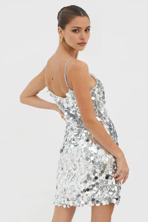 Shiny V Neck Spaghetti Straps Sequin Silver Mini Homecoming Dress