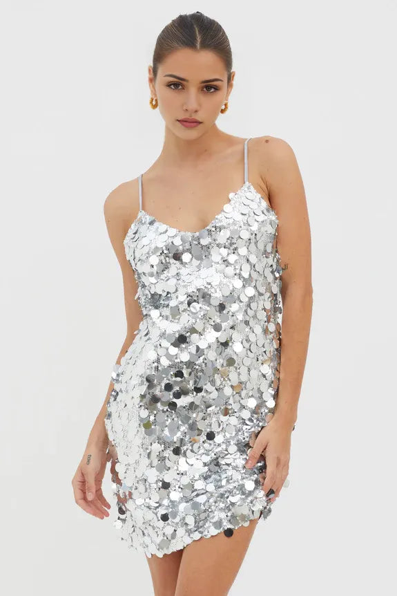 Shiny V Neck Spaghetti Straps Sequin Silver Mini Homecoming Dress