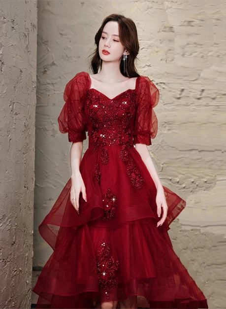 Shiny Wine Red Tulle High low Short Sleeves Homecoming Dress Prom Dress