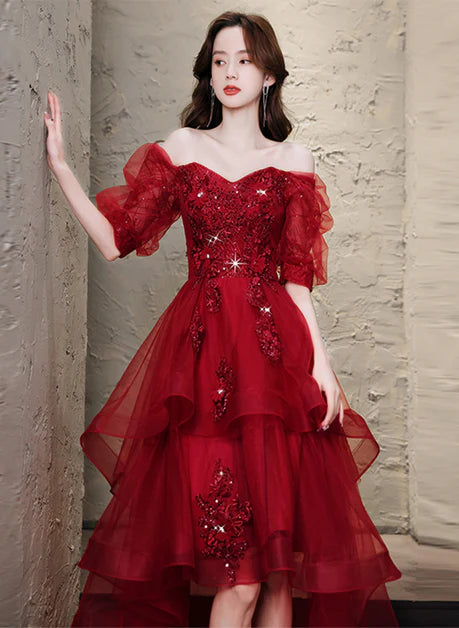 Shiny Wine Red Tulle High low Short Sleeves Homecoming Dress Prom Dress