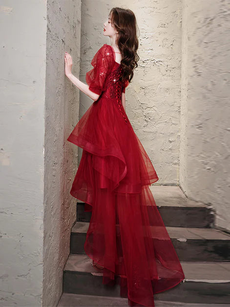 Shiny Wine Red Tulle High low Short Sleeves Homecoming Dress Prom Dress