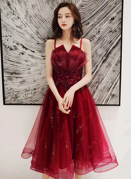 Shiny Wine Red Tulle Applique Straps Short Homecoming Dress Prom Dress
