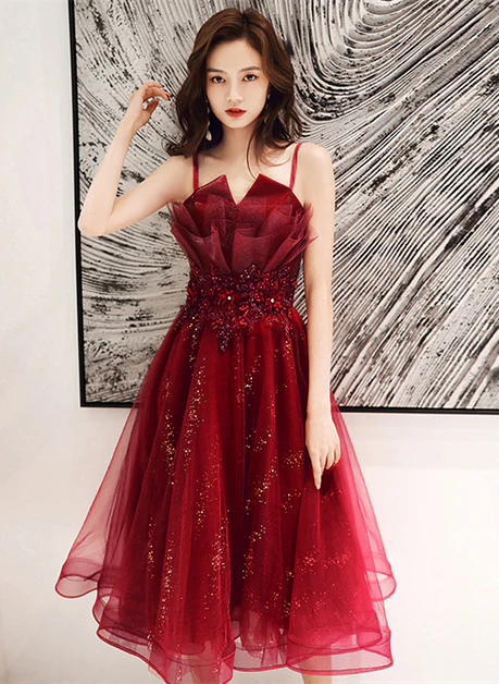 Shiny Wine Red Tulle Applique Straps Short Homecoming Dress Prom Dress