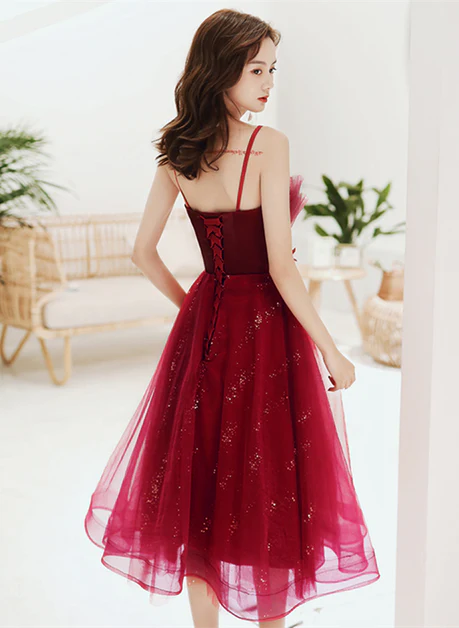 Shiny Wine Red Tulle Applique Straps Short Homecoming Dress Prom Dress