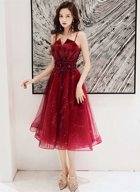 Shiny Wine Red Tulle Applique Straps Short Homecoming Dress Prom Dress