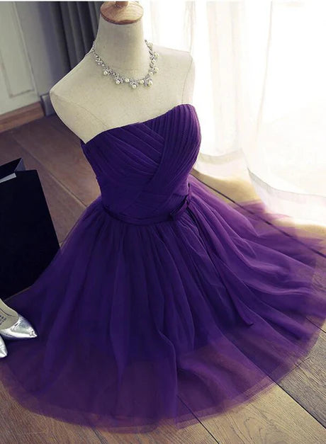 Short A-line Purple Off Shoulder Tulle Homecoming Dress Formal Dress