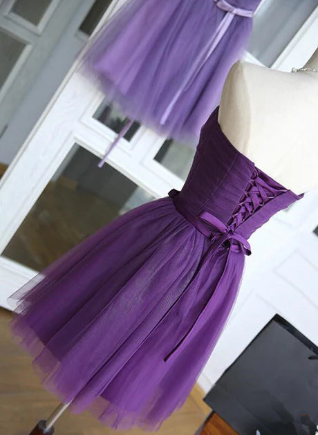 Short A-line Purple Off Shoulder Tulle Homecoming Dress Formal Dress