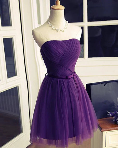 Short A-line Purple Off Shoulder Tulle Homecoming Dress Formal Dress