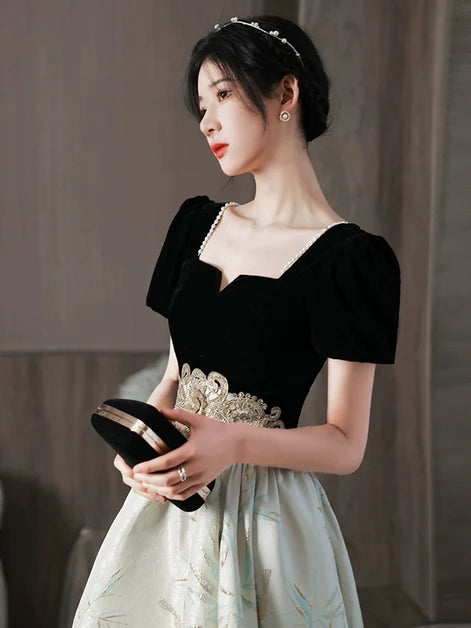 Short Sleeve Applique A-Line Satin Velvet With Beaded Party Dress