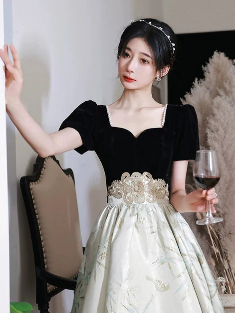 Short Sleeve Applique A-Line Satin Velvet With Beaded Party Dress