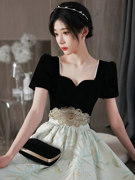 Short Sleeve Applique A-Line Satin Velvet With Beaded Party Dress