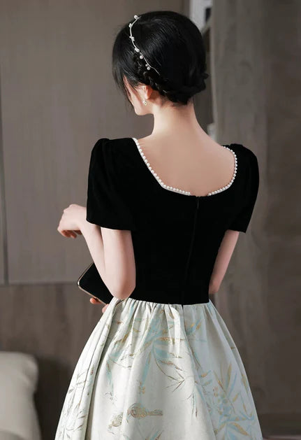 Short Sleeve Applique A-Line Satin Velvet With Beaded Party Dress