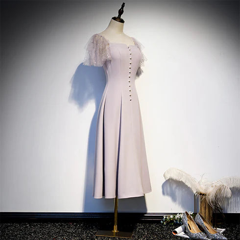 Short Sleeve With Beaded Tea Length Off Shoulder Wedding Party Dress Homecoming Dress