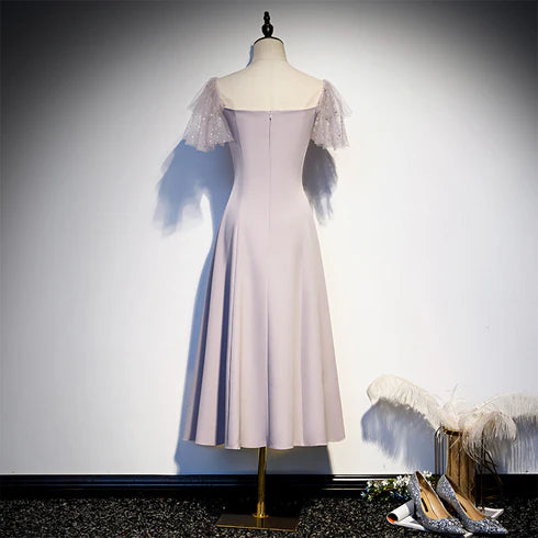 Short Sleeve With Beaded Tea Length Off Shoulder Wedding Party Dress Homecoming Dress