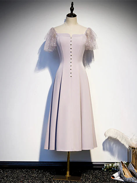 Short Sleeve With Beaded Tea Length Off Shoulder Wedding Party Dress Homecoming Dress