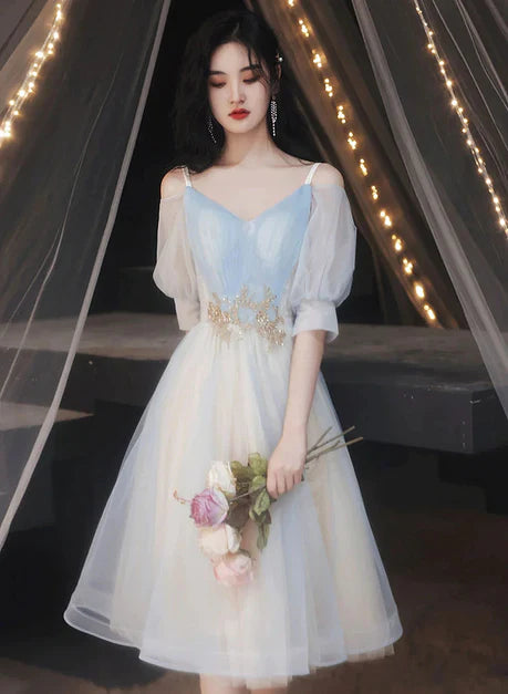 Short V-neck Tulle Thin Strap Light Blue Prom Dress Homecoming Dress Short Graduation Dress