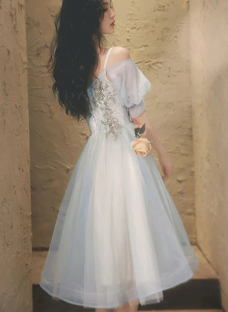 Short V-neck Tulle Thin Strap Light Blue Prom Dress Homecoming Dress Short Graduation Dress