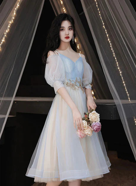 Short V-neck Tulle Thin Strap Light Blue Prom Dress Homecoming Dress Short Graduation Dress