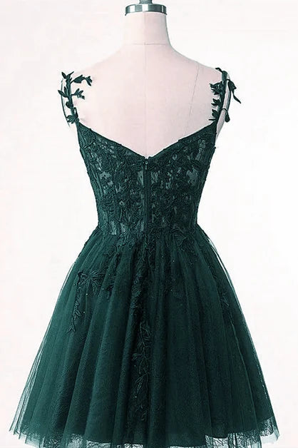 Short V Neck Floral Lace Straps Green Tulle Homecoming Dress Prom Dress