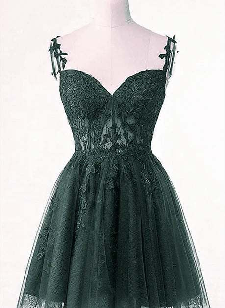 Short V Neck Floral Lace Straps Green Tulle Homecoming Dress Prom Dress