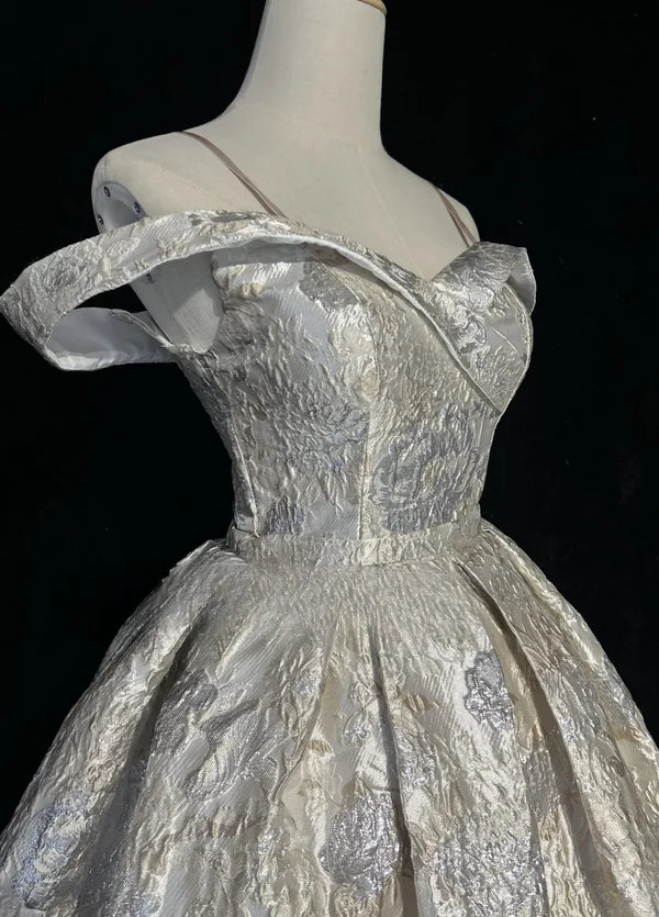 Silver Gray Jacquard Satin Spaghetti Straps Mini Short Homecoming Dresses Party Short Ball Gown