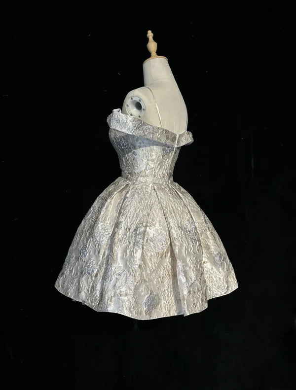 Silver Gray Jacquard Satin Spaghetti Straps Mini Short Homecoming Dresses Party Short Ball Gown