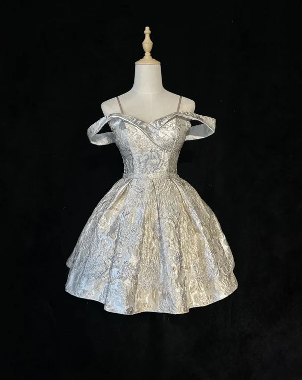 Silver Gray Jacquard Satin Spaghetti Straps Mini Short Homecoming Dresses Party Short Ball Gown