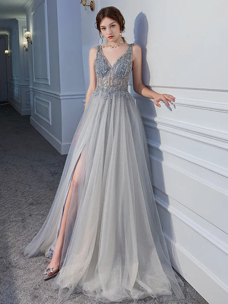 Silver Grey Tulle V-neckline Beaded Leg Slit Long Evening Dress Prom Dress Party Dress