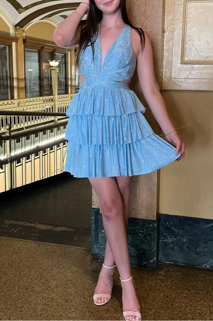 Silver Satin Halter V Neck A Line Cut Out Tiered Short Homecoming Dress With Beading