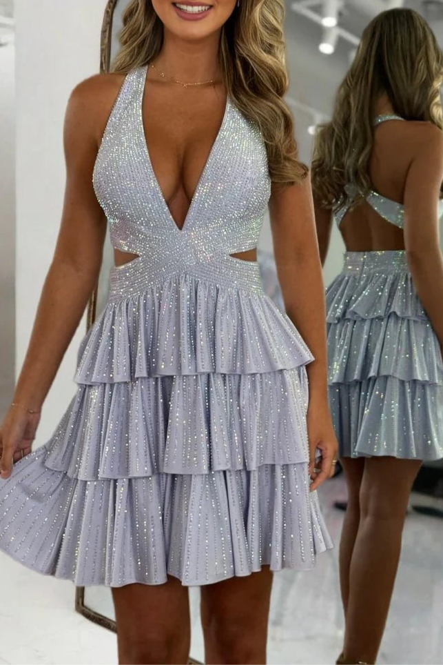 Silver Satin Halter V Neck A Line Cut Out Tiered Short Homecoming Dress With Beading