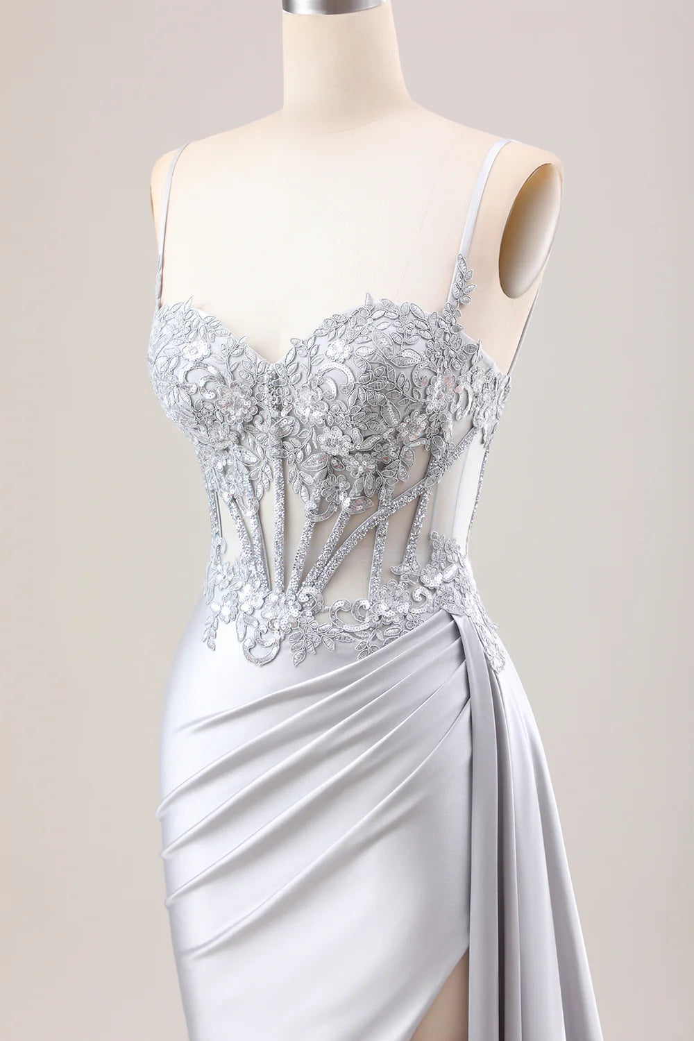 Silver Satin Sequins Pleated Spaghetti Straps Mermaid Long Corset Prom Dress With Slit