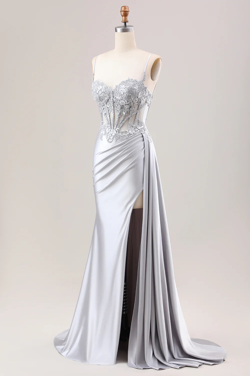 Silver Satin Sequins Pleated Spaghetti Straps Mermaid Long Corset Prom Dress With Slit