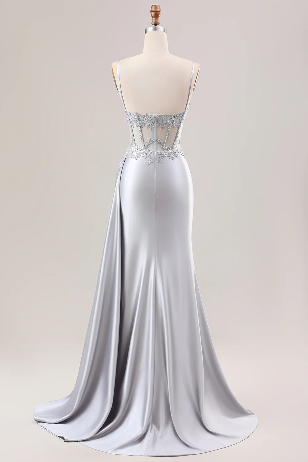 Silver Satin Sequins Pleated Spaghetti Straps Mermaid Long Corset Prom Dress With Slit