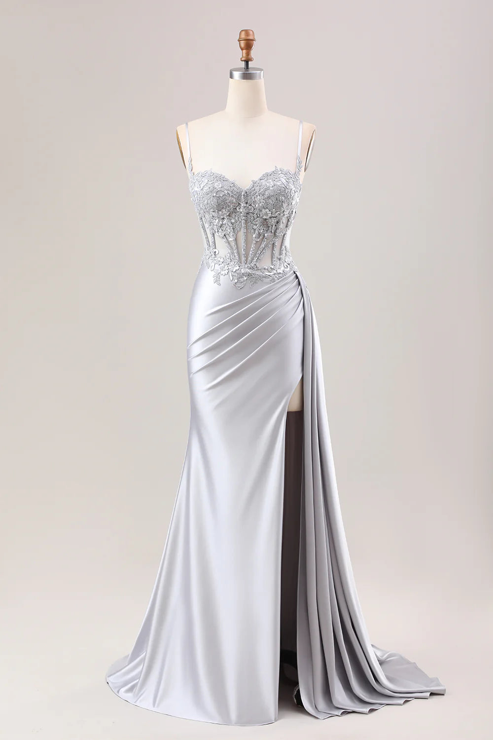 Silver Satin Sequins Pleated Spaghetti Straps Mermaid Long Corset Prom Dress With Slit