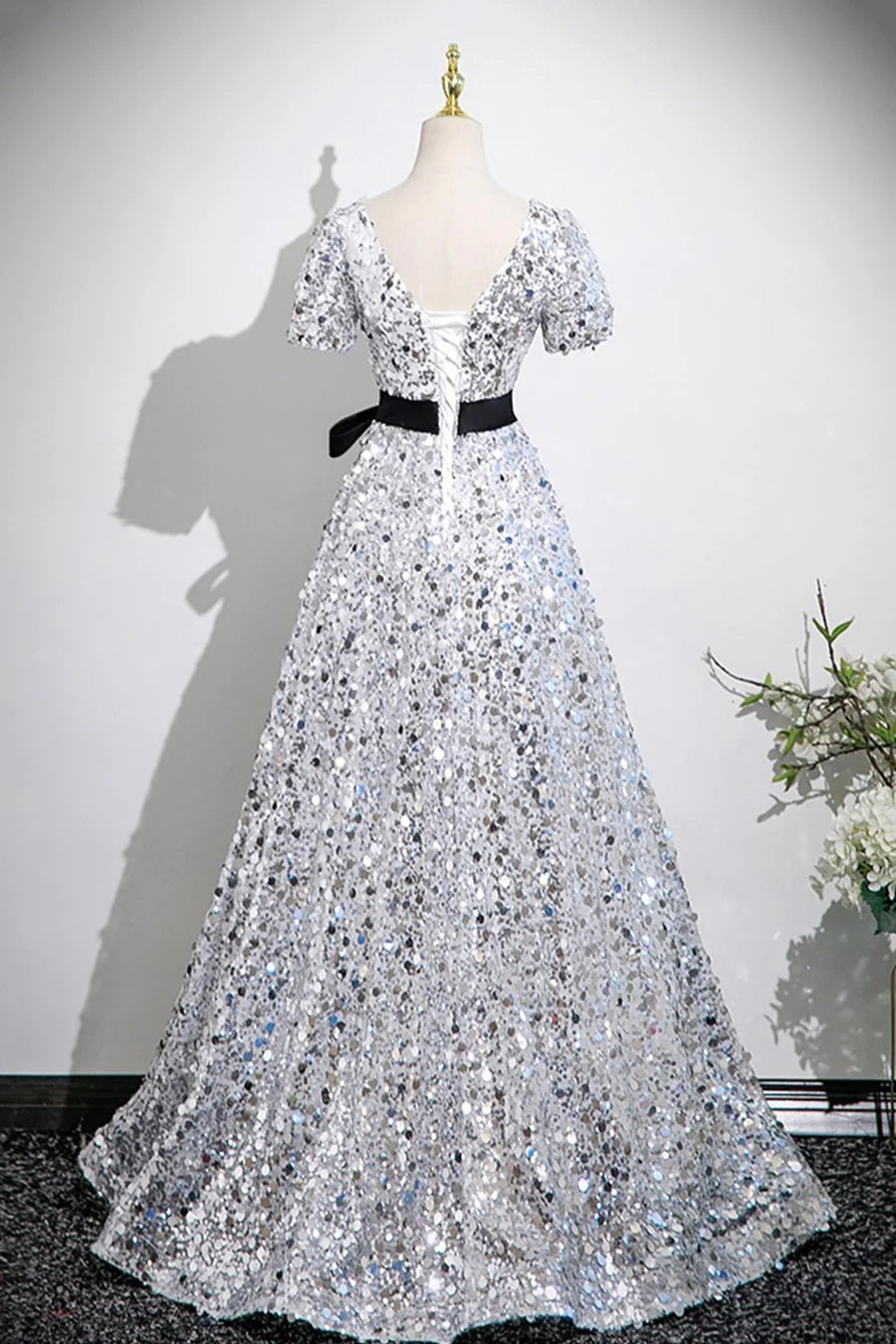 Silver Sequins V-Neck Bow Sash Short Sleeve Backless Long Prom Dress Party Dress