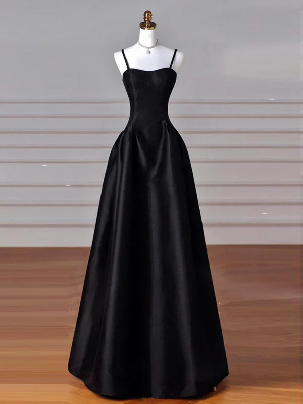 Simple A-Line Dark Blue Satin Spaghetti Straps Long Prom Dress Dark Blue Ruffles Long Formal Dress