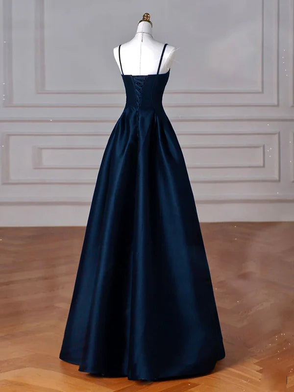 Simple A-Line Dark Blue Satin Spaghetti Straps Long Prom Dress Dark Blue Ruffles Long Formal Dress