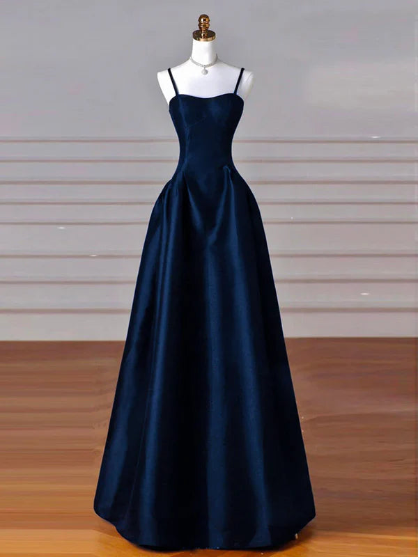 Simple A-Line Dark Blue Satin Spaghetti Straps Long Prom Dress Dark Blue Ruffles Long Formal Dress