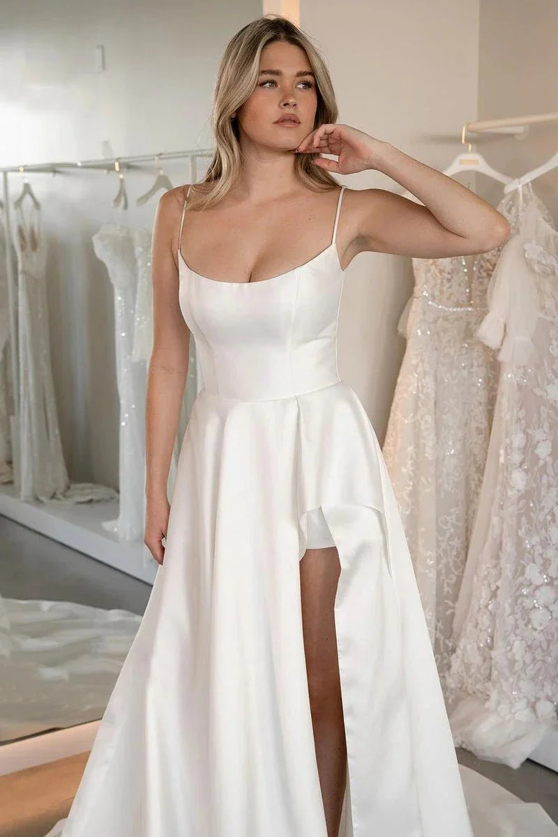 Simple A-Line Diamond White Satin Scoop Neck Sweep Train Wedding Dresses With Slit