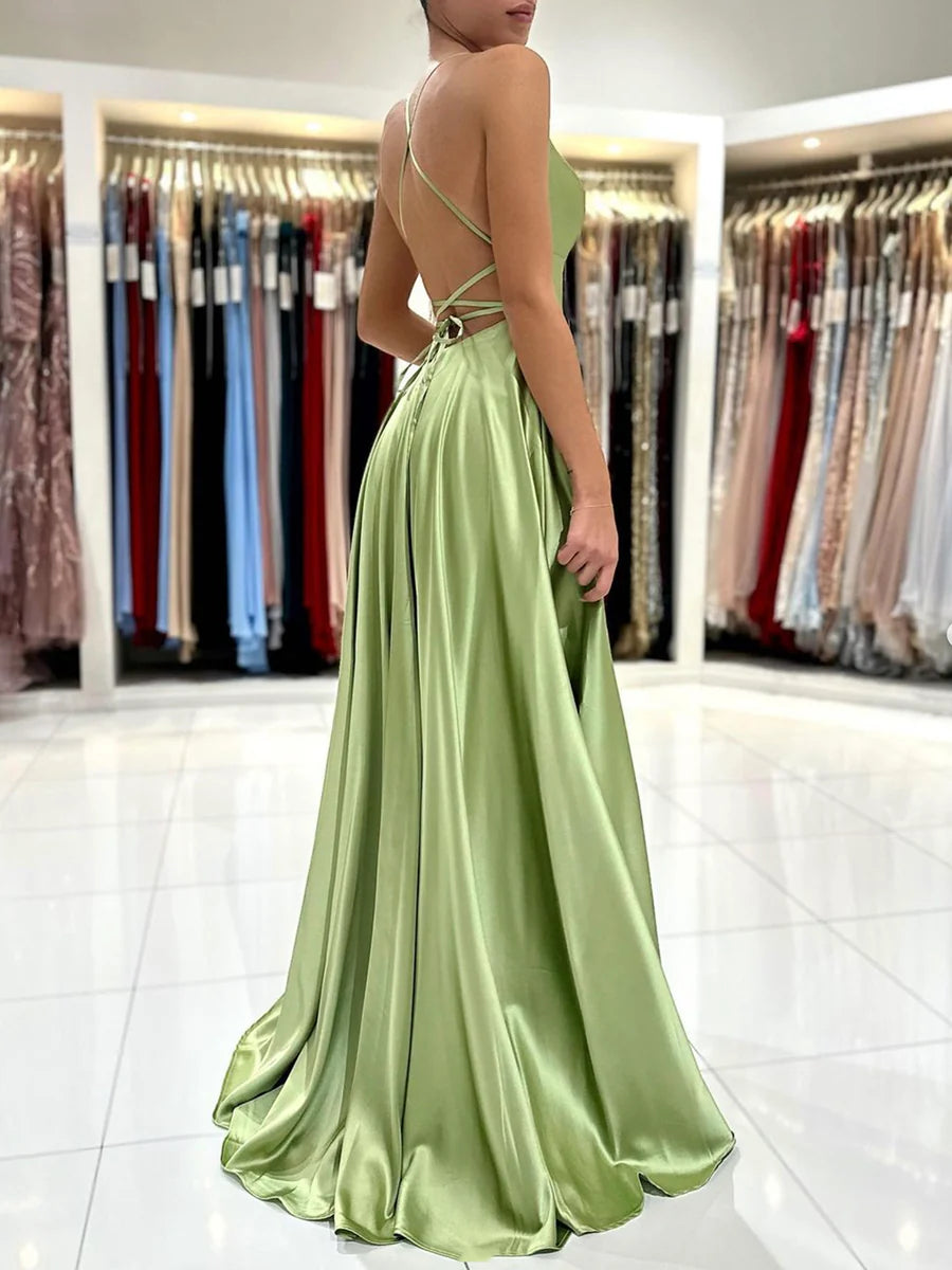 Simple A-Line Halter Cross-strap Back Satin Green Long Prom Dress With slit