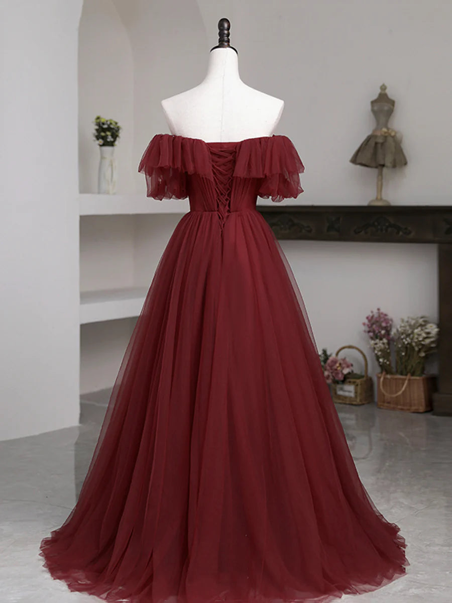 Simple A-Line Off Shoulder Pleated Ruffle Tulle Burgundy Floor Length Prom Dress