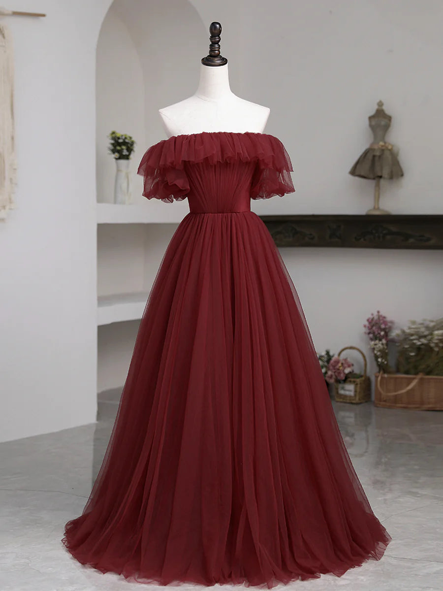 Simple A-Line Off Shoulder Pleated Ruffle Tulle Burgundy Floor Length Prom Dress