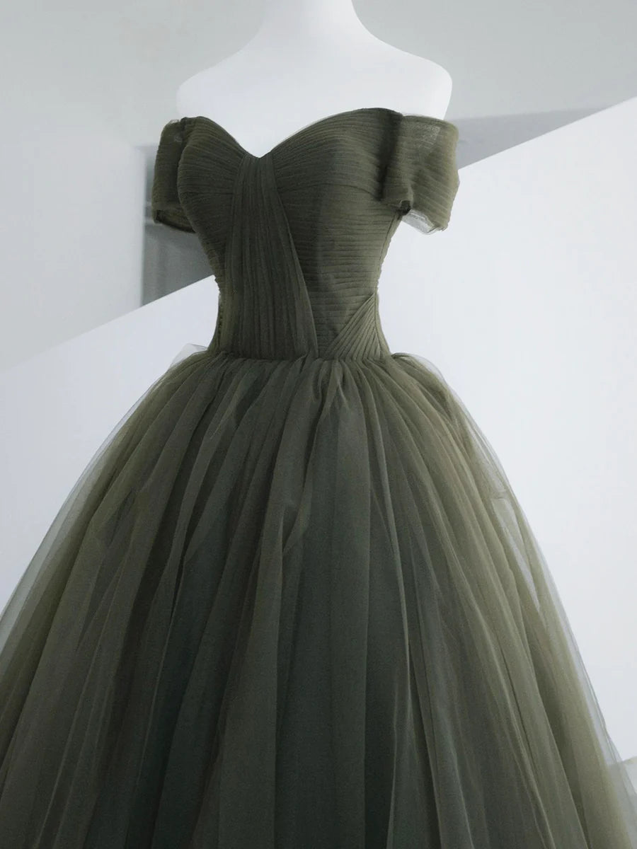 Simple A-Line Off Shoulder Short Sleeves Pleated Tulle Green Long Prom Dress