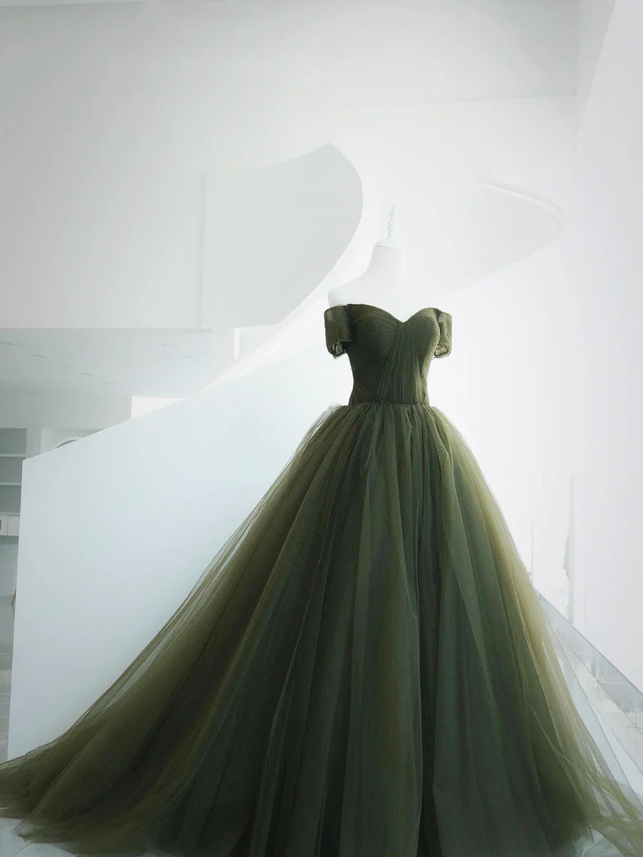 Simple A-Line Off Shoulder Short Sleeves Pleated Tulle Green Long Prom Dress