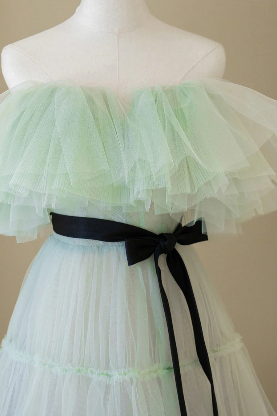 Simple A-Line Off Shoulder Tulle Green Floor Length Prom Dress With Black Belt